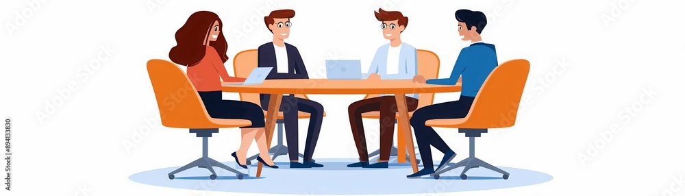 Illustration of four people seated around a table, working and discussing in a business meeting or team collaboration setting. Illustration of four people seated around a table, working and discussing in a business meeting or team collaboration setting.