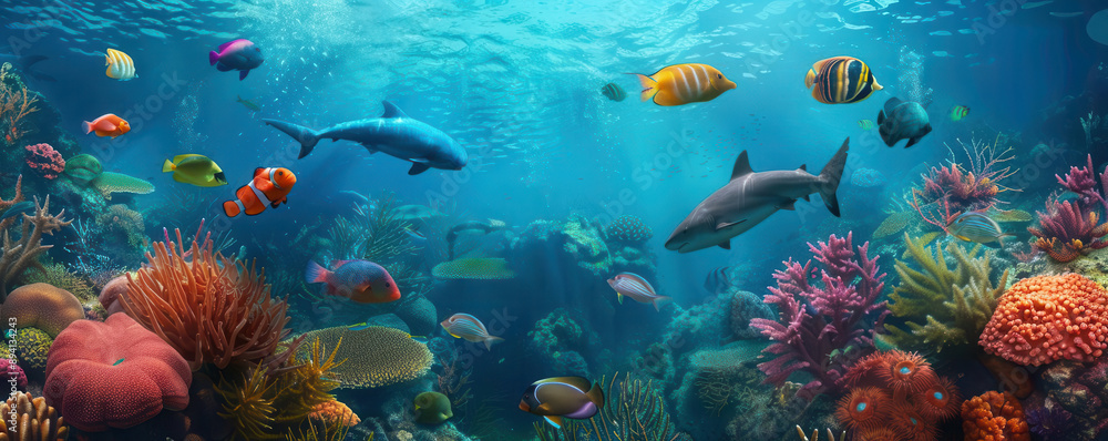 Obraz premium Undersea ecosystem with diverse animals, eco-friendly conservation efforts