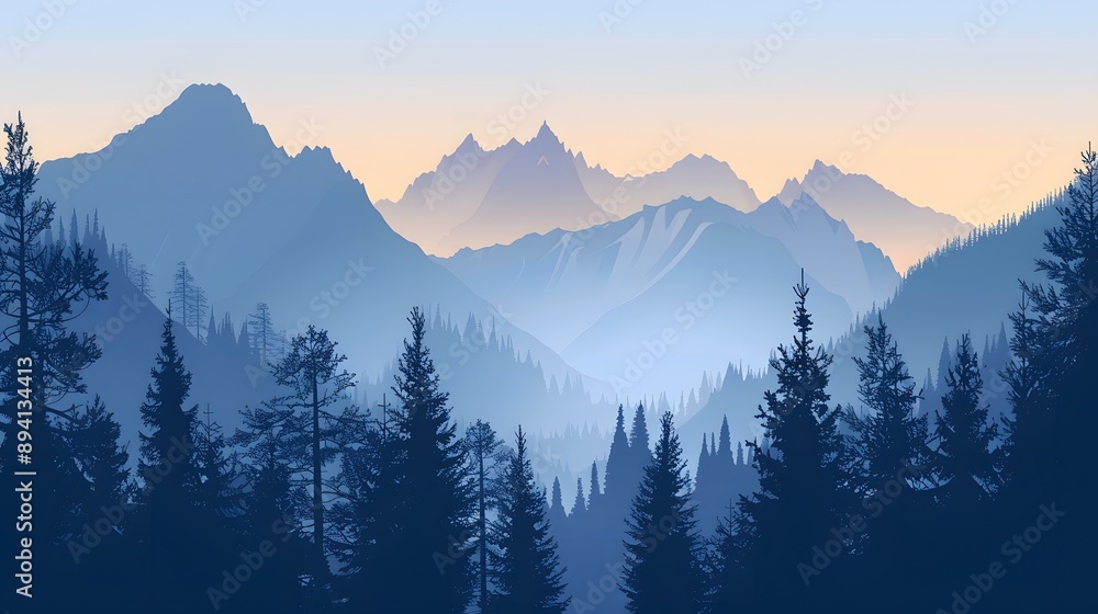 Obraz premium Realistic mountains landscape. Morning wood panorama, pine trees and mountains silhouettes. Vector forest hiking background. 