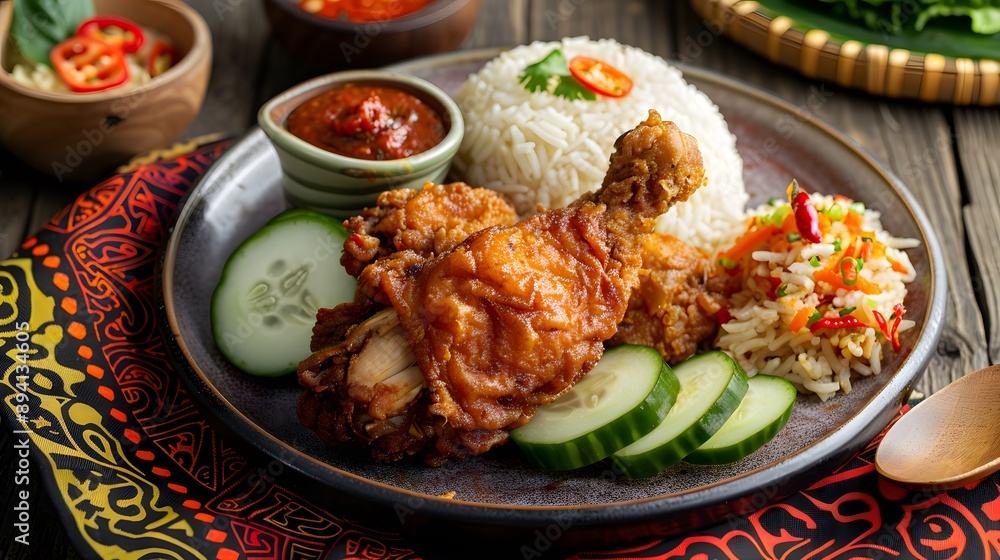 Nasi Ayam Penyet famous traditional Malaysian Indonesian food serve with spicy roasted chicken, slices of cucumber and sambal belacan. Nasi Ayam Penyet famous traditional Malaysian Indonesian food serve with spicy roasted chicken, slices of cucumber and sambal belacan.