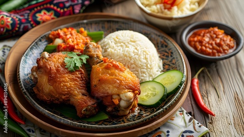 Nasi Ayam Penyet famous traditional Malaysian Indonesian food serve with spicy roasted chicken, slices of cucumber and sambal belacan.