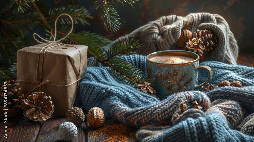 Obraz premium Winter holiday still life: gift, fir branch, nuts, cones, cocoa, coffee, cozy knitted blanket.