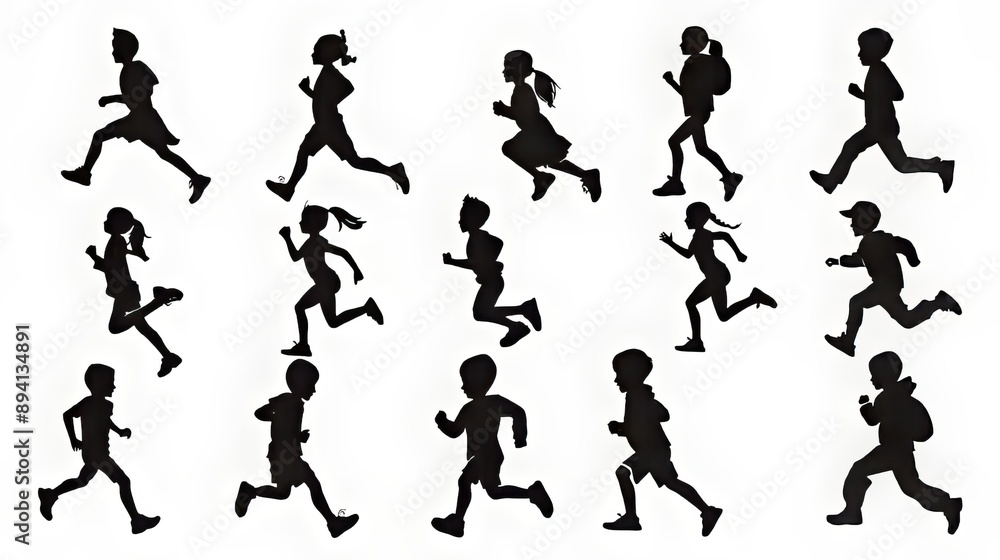 Silhouettes of children running in various poses against a white background Silhouettes of children running in various poses against a white background