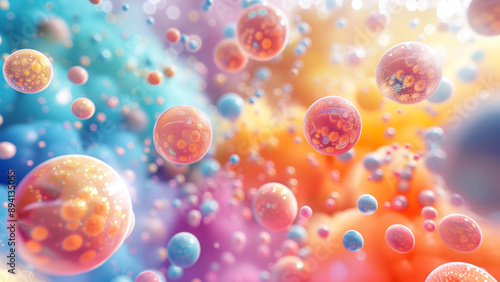 Colorful microscopic spheres in dynamic, abstract environment, representing cellular structures or particles in scientific