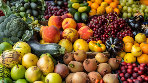 Various fresh fruits and vegetables at bustling farmers market