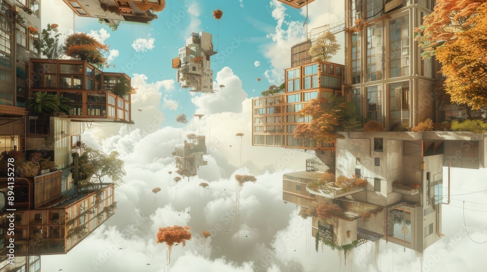 Fototapeta premium Floating architectural concept with interconnected buildings and sky bridges