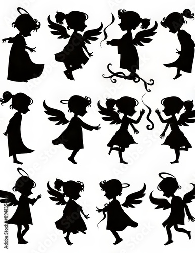 A collection of black silhouettes depicting angels with wings and haloes photo