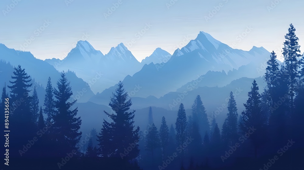 Obraz premium Realistic mountains landscape. Morning wood panorama, pine trees and mountains silhouettes. Vector forest hiking background. 