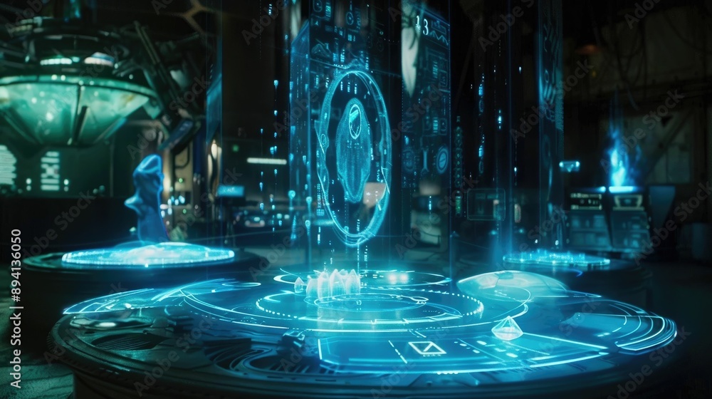 Obraz premium Floating holographic interfaces in a dark room