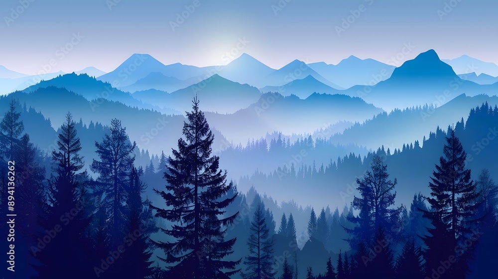 Fototapeta premium Realistic mountains landscape. Morning wood panorama, pine trees and mountains silhouettes. Vector forest hiking background. 