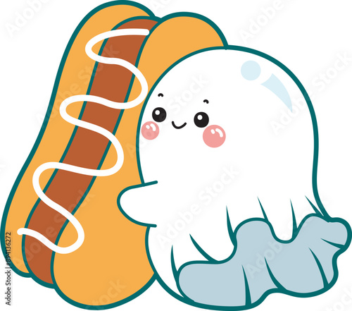Illustration of cute white ghost icon.
Funny white ghost in activities stickers.
A cute white ghosts hugging hot dog.