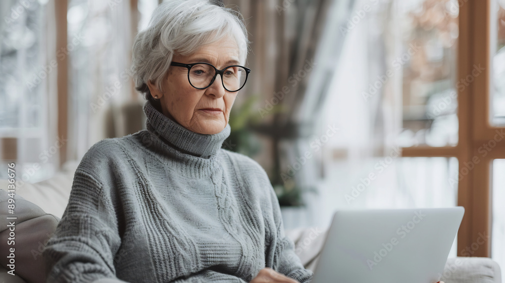 Senior woman with short gray hair and glasses working on a laptop at home, cozy and focused atmosphere Senior woman with short gray hair and glasses working on a laptop at home, cozy and focused atmosphere