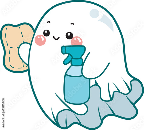 Illustration of cute white ghost icon.
Funny white ghost in activities stickers.
A cute white ghosts cleanign her room with spray. photo