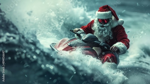 Santa Claus Riding a Jet Ski on a Wave