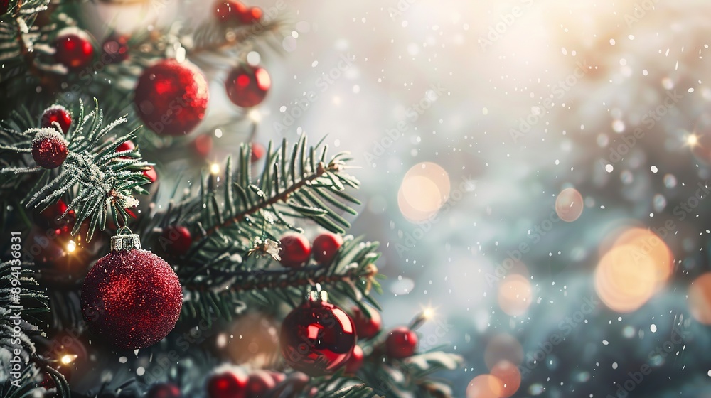 Merry Christmas advent holiday celebration greeting card with text banner panorama long - Christmas tree branches, red baubles ornaments decoration Merry Christmas advent holiday celebration greeting card with text banner panorama long - Christmas tree branches, red baubles ornaments decoration