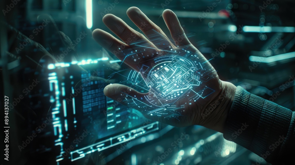 Fototapeta premium Floating holographic interfaces in a dark room