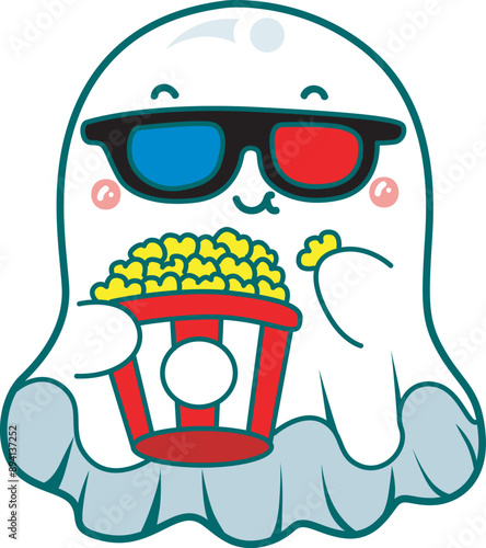 Illustration of cute white ghost icon.
Funny white ghost in activities stickers.
A cute white ghosts watching cinema, wearing blue and red eyeglasses and eating popcorn.
