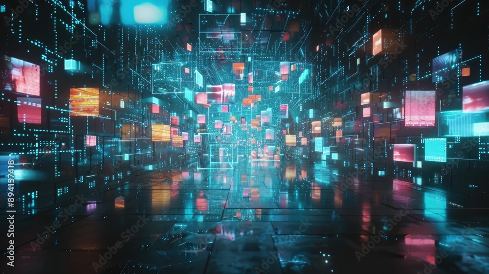Fototapeta premium Floating holographic interfaces in a dark room
