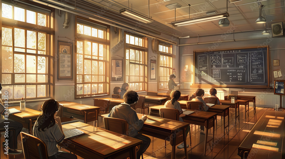 Create a realistic illustration of a traditional classroom filled with rows of wooden desks and a large chalkboard at the front. Create a realistic illustration of a traditional classroom filled with rows of wooden desks and a large chalkboard at the front.