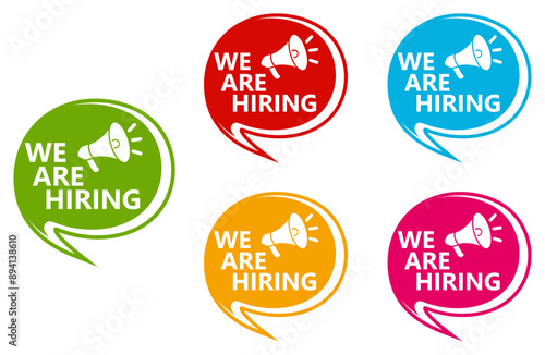 Set collections we are hiring trendy colorful icon sign.  job vacancy labels design template Vector illustration