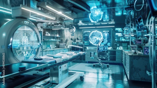 Futuristic medical lab with holographic displays and equipment