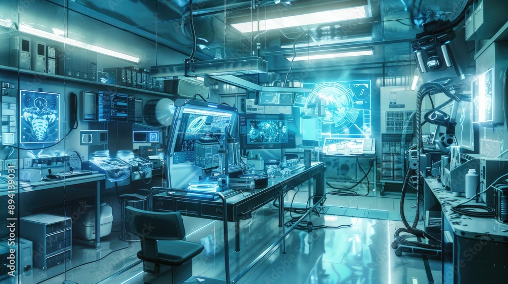 Futuristic medical lab with holographic displays and equipment Futuristic medical lab with holographic displays and equipment