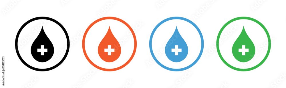 Blood drop sign symbol. Donate drop blood with cross + sign. Donor concept. Colorful flat design. Blood drop shape icon on circle design. Blood drop sign symbol. Donate drop blood with cross + sign. Donor concept. Colorful flat design. Blood drop shape icon on circle design.