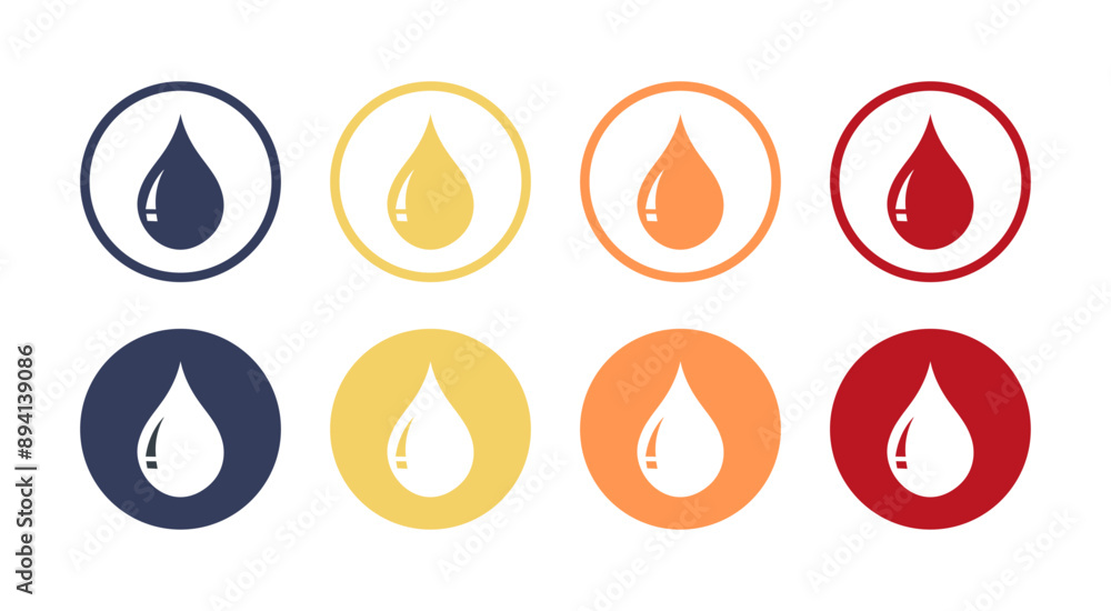 Water drops icon set in different color. Water droplets icon collection in the circle, logotype, fill, outlin. Blood drop logotype. For apps and websites. Water drops icon set in different color. Water droplets icon collection in the circle, logotype, fill, outlin. Blood drop logotype. For apps and websites.
