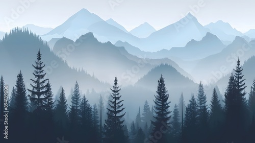 Realistic mountains landscape. Morning wood panorama, pine trees and mountains silhouettes. Vector forest hiking background. 