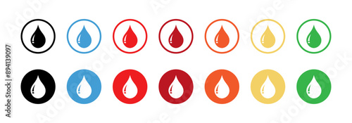 Water drop icon set in different color. Water drops icon collection in circles. Water drop icon on shiny color circle shape isolated on white background. Flat design. Vector illustration.