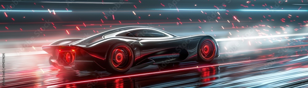Futuristic Sports Car Racing on Neon-Lit Highway at Night with Motion Blur and Light Trails Futuristic Sports Car Racing on Neon-Lit Highway at Night with Motion Blur and Light Trails