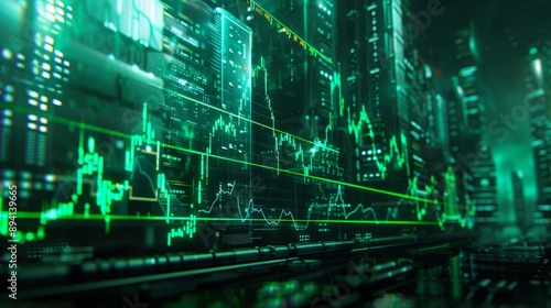 Green economy chart on dark colorful neon background highlighting renewable energy sources, sustainable development, and eco-friendly technologies - ideal for illustrations of environmental conservati photo