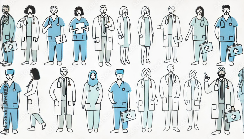 Multiple medical professionals in a minimalist Multiple medical professionals in a minimalist
