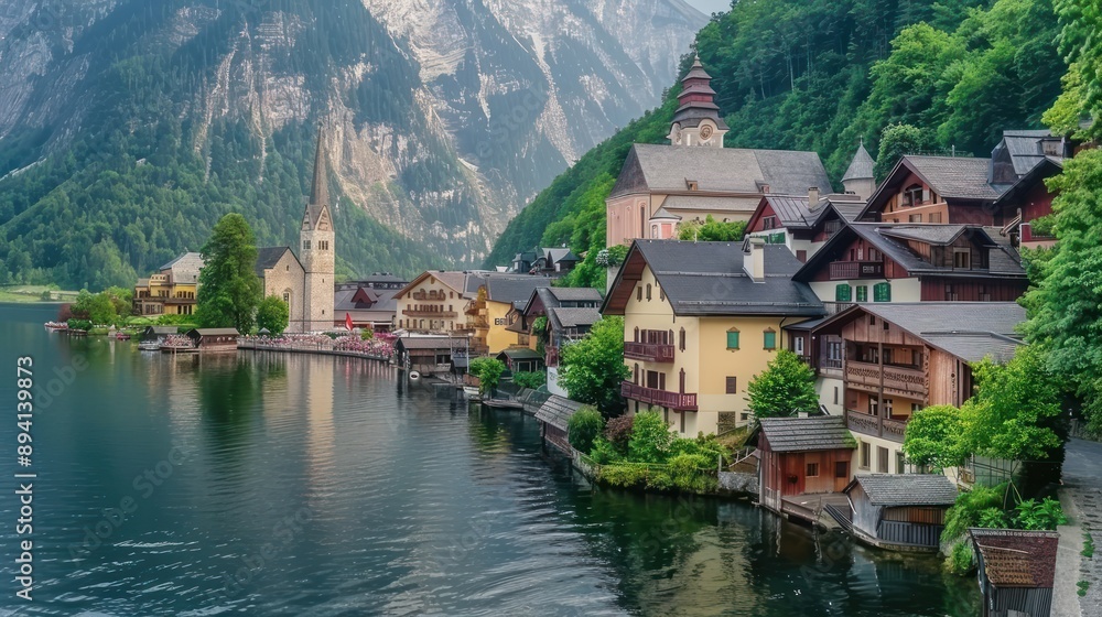 Picturesque Village by the Lake in the Austrian Alps Picturesque Village by the Lake in the Austrian Alps