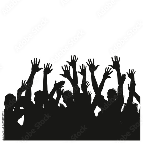 Silhouette of a crowd raising their hands at a concert or event.