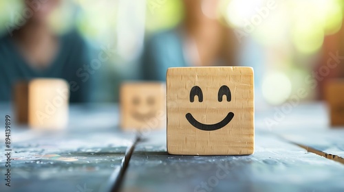 Three Cheerful Wooden Blocks with Smileys Stacked Together, Symbolizing Happiness and Positive Vibes in a Simple Setting photo