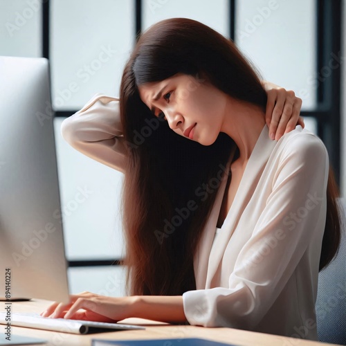 A young woman rubbing her tired neck while working at her computer
