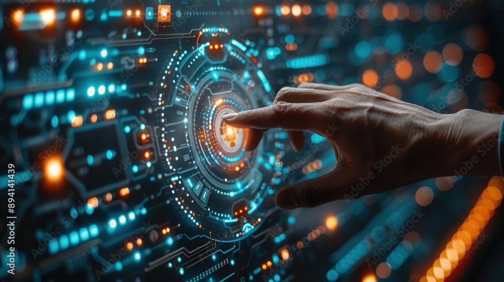 The hand of a businessman touching a biometric security icon on a virtual screen with a digital building background. The hand of a businessman touching a biometric security icon on a virtual screen with a digital building background.