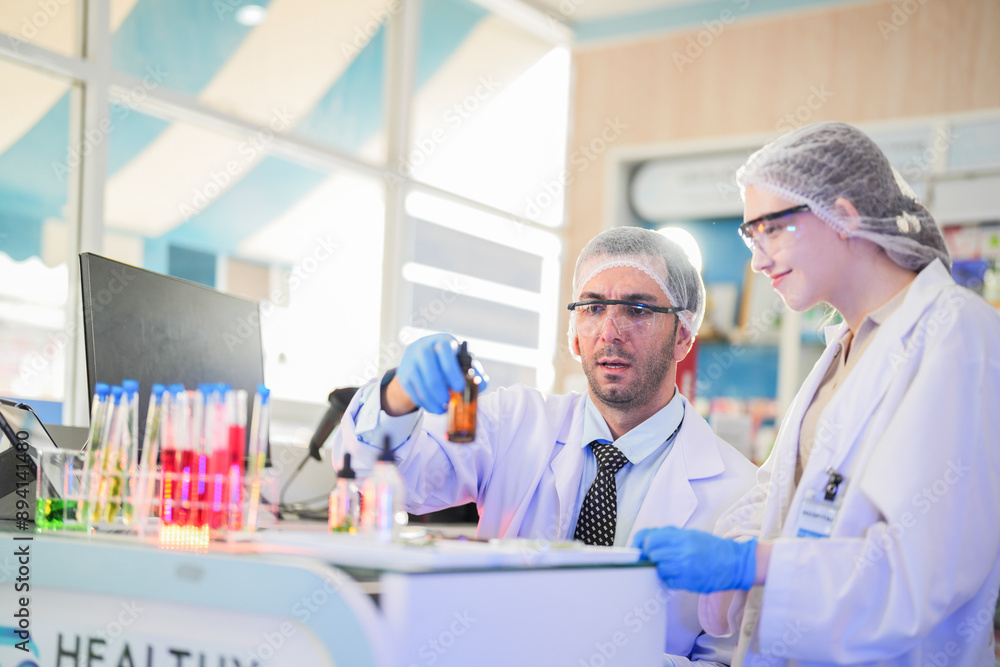 scientists perform experiments and record data. people arranges equipment with test tubes and chemicals for producing medicine and biochemistry. man hold tubes of chemical liquids and plant samples. scientists perform experiments and record data. people arranges equipment with test tubes and chemicals for producing medicine and biochemistry. man hold tubes of chemical liquids and plant samples.