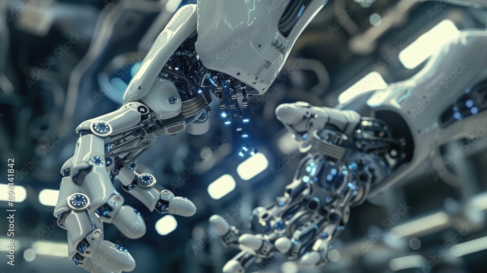 Fototapeta premium Futuristic robot parts assembling themselves in mid-air