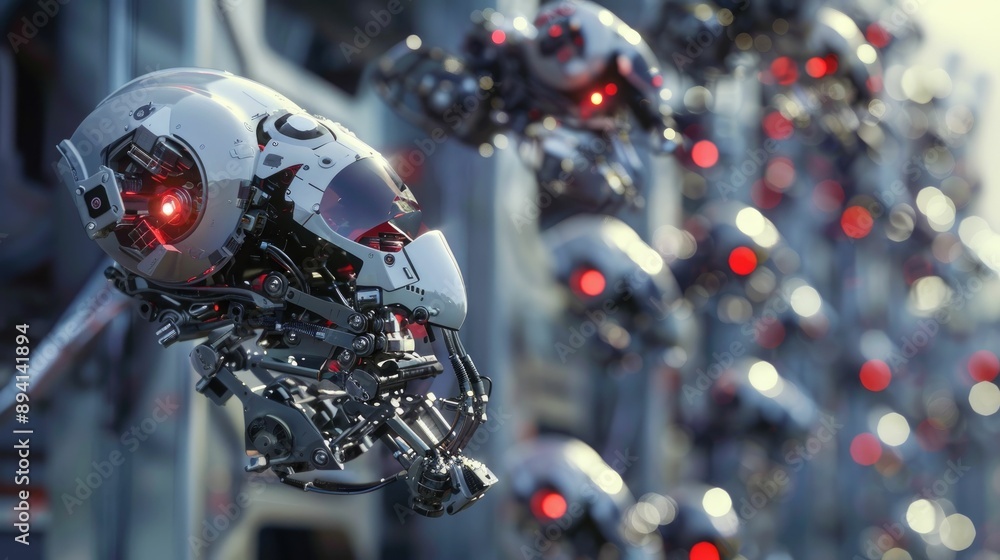 Fototapeta premium Futuristic robot parts assembling themselves in mid-air