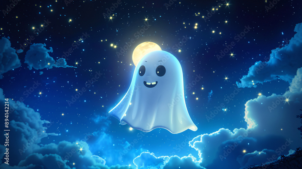 Full-body 3D cartoon ghost with a friendly smile, floating gently in a whimsical, moonlit night sky with glowing stars and fluffy clouds, rendered in high detail and vibrant colors Full-body 3D cartoon ghost with a friendly smile, floating gently in a whimsical, moonlit night sky with glowing stars and fluffy clouds, rendered in high detail and vibrant colors