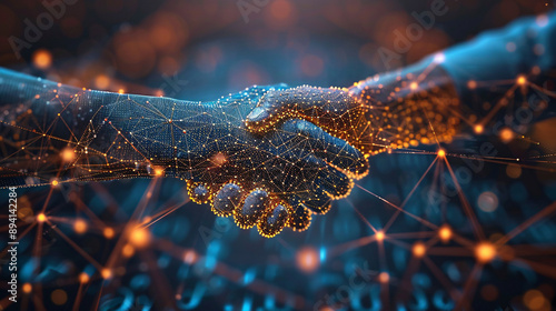 A digital businessman handshake across global network lines symbolizing modern business communication and partnership.