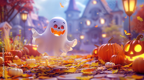 Full-body 3D cartoon ghost with a friendly smile, floating among animated pumpkins and Halloween decorations in a colorful, high-resolution scene  photo