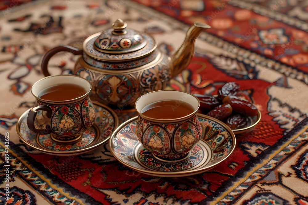 tea setting on a patterned carpet. The scene features a shining, ornate teapot and matching cups tea setting on a patterned carpet. The scene features a shining, ornate teapot and matching cups