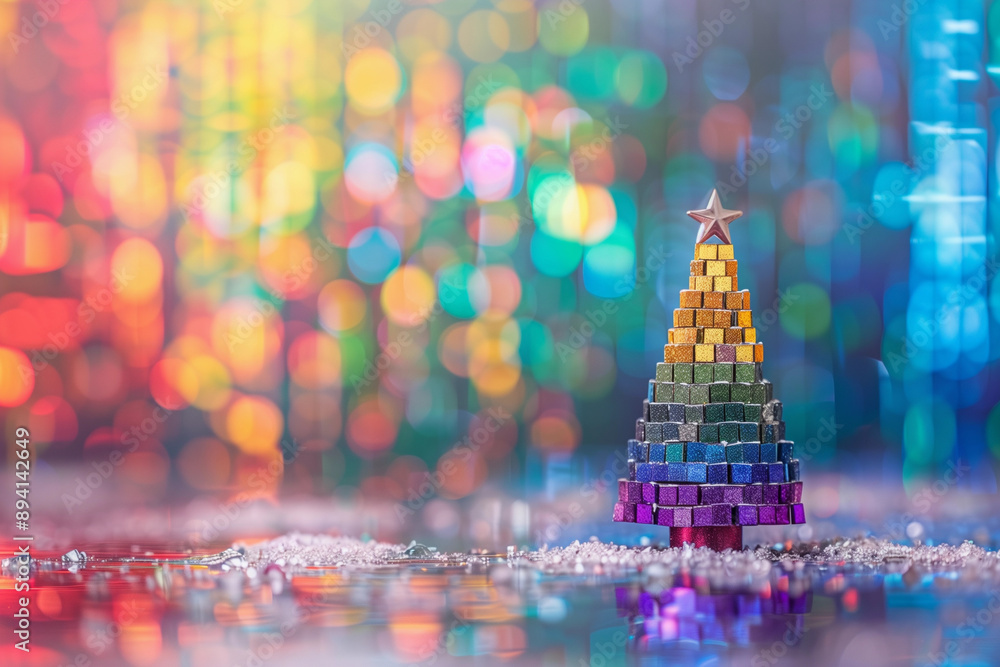 © Sawoon - Vibrant rainbow geometric Christmas tree modern abstract design colorful aqua yellow blue blur rainbow ombre background holiday festive decor art copy space bright pattern banner xmas campaign blank