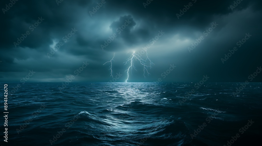 Lightning strikes the middle of the sea, violent storm Lightning strikes the middle of the sea, violent storm