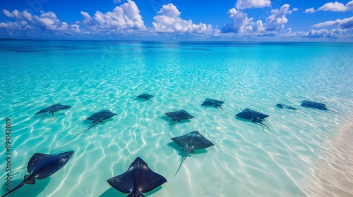 Schools of stingrays swim along the white sand beach and blue sea.
