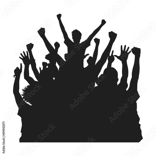Silhouette of crowd cheering with raised arms. Concept of celebration, excitement, and unity.
