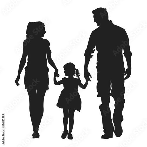 Silhouette of happy family with parents and daughter holding hands and walking together.